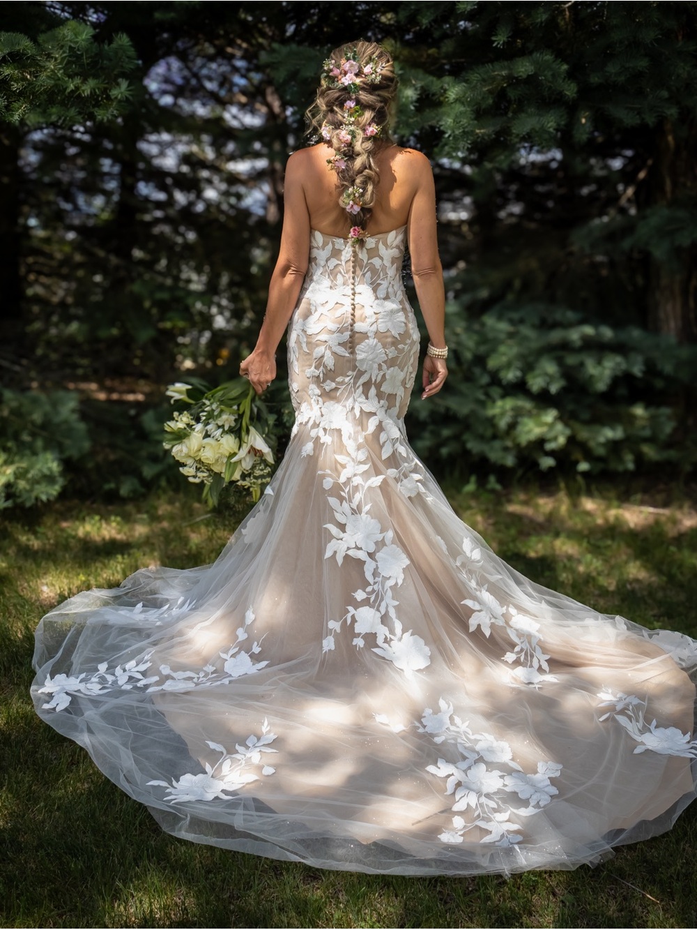 Maggie Sottoro Hattie dress,  Ivory floral Appliqué over Mocha Mermaid Gown.
